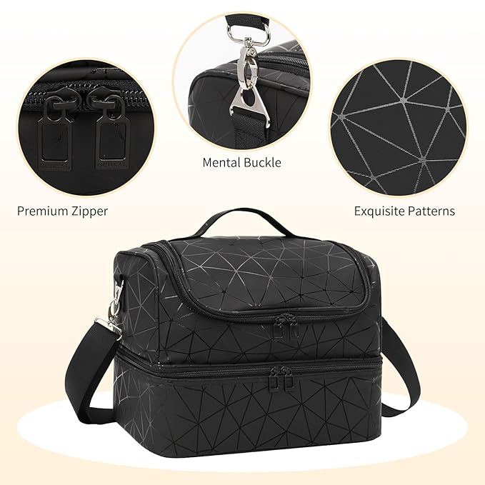 CUBETASTIC Nail Polish Organizer, Cute Nail Tech Organizers And Storage Bag Holds 45 Bottles & UV Nail Lamp, Compact Double-Layer Travel Nail Supplies Case for Nail Kit (Triangle Black, 45 Slots)