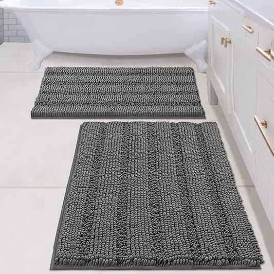 H.VERSAILTEX 2 Piece Bathroom Set - Super Absorbent Chenille Striped Bath Mats, Non Skid, Machine Washable - Grey, 24 x 36 Plus 20 x 32 Inches