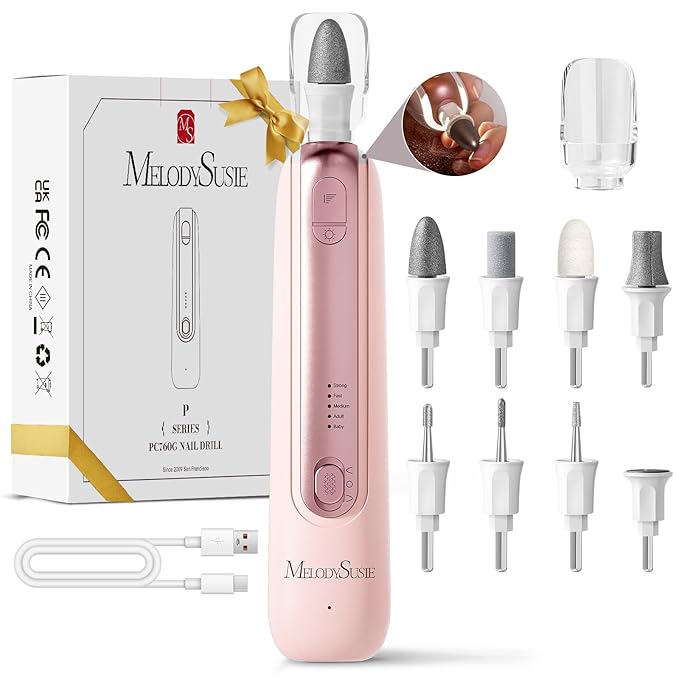 MelodySusie Cordless Pedicure & Manicure Nail Drill Kit, PC760G for Salon-Quality Foot Care for Home & Travel, Rechargeable with 5 Speeds, 8-in-1 Bits, 360° LED Light & Anti-Dust Shield, Pink