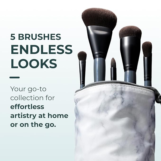 Rose and Ben Beauty Essential 5 Piece Makeup Brush Set and Travel Case | Professional Eye and Face Brushes for Liquid, Cream and Powder Formulas | Cruelty Free