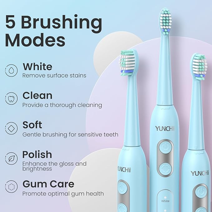 YUNCHI Sonic Electric Toothbrush for Adults,Rechargeable Toothbrushes with Travel Case, 90 Days, 8 Brush Heads, 2 Min Timer, IPX7 Waterproof, 5 Modes, Blue and Pink
