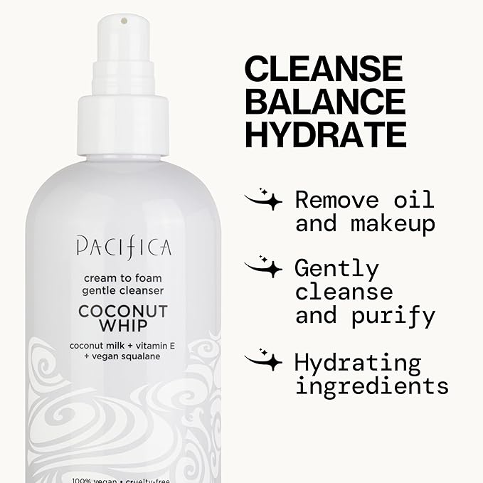 Pacifica Coconut Whip Cream to Foam Face Wash - Gentle Hydrating Facial Cleanser for Dry & Sensitive Skin, Moisturizing Daily Face Wash, Non-Comedogenic Vegan & Cruelty-Free, Dermatologist Tested 8oz