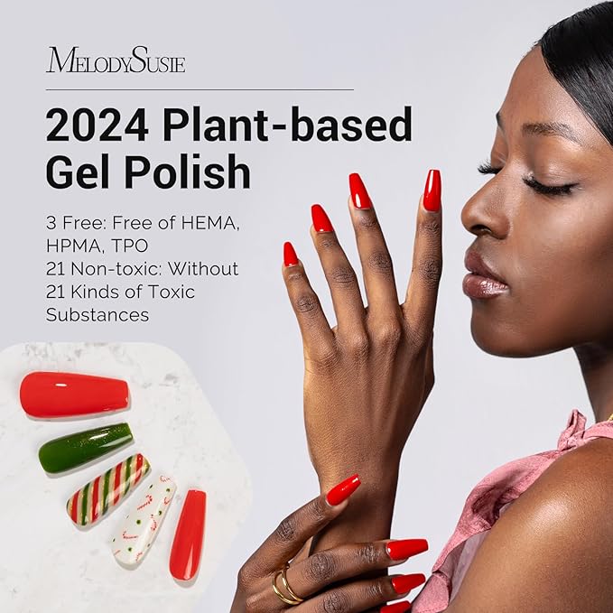 MelodySusie Fleurwee Plant Based 4pcs Gel Nail Polish, Hema Free 21 Non Toxic Red Green White Gold Glitter Long Lasting Soak Off UV Nail Art Salon DIY Gifts for Women Gel Polish Kit