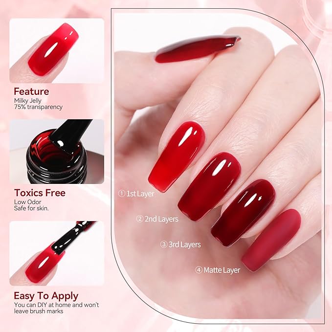 Born Pretty Jelly Burgundy Gel Nail Polish Blood Wine Red Gel Polish Translucent Halloween Christmas Nail Gel Soak Off Hema-Free Gel Polish U V Light Cure for Nail Art DIY 15ML