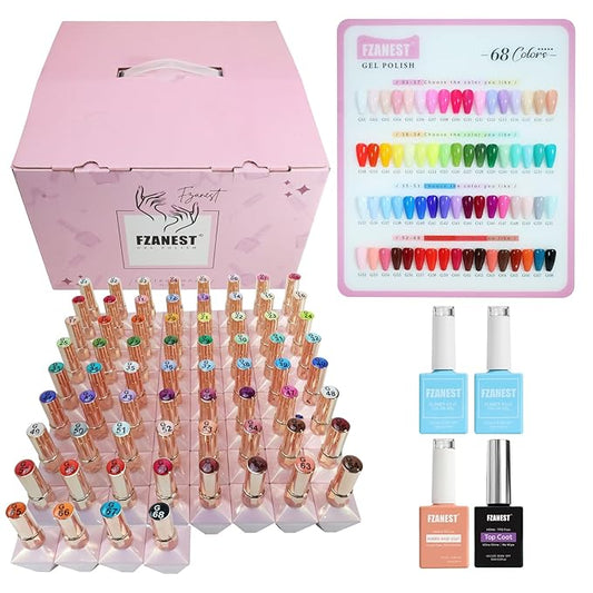 FZANEST HEMA-Free Gel Nail Polish Set, Tpo-free 72pcs 12ML High Shine Top Coat Base Builder Gel With 68 Bright Colors Nude Pink Red White Black All Seasons Gel Polish Kit For Home DIY Nail Salon Use