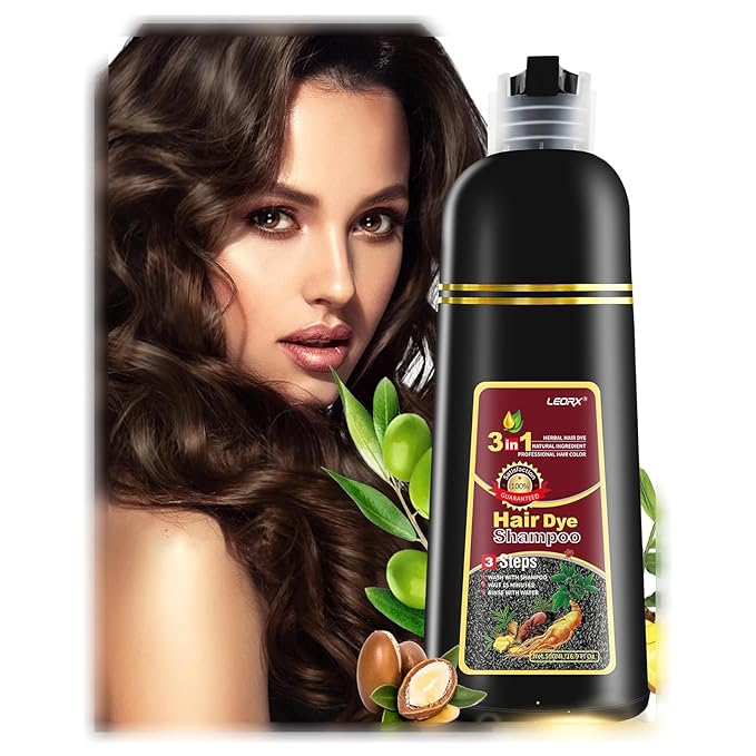 leorx Instant Hair Dye Shampoo For Gray Hair, 500ml - 3 In 1 Herbal Coloring For Women & Men - Dark Brown Color, Ammonia Free - Tintes Para El Cabello Profesional