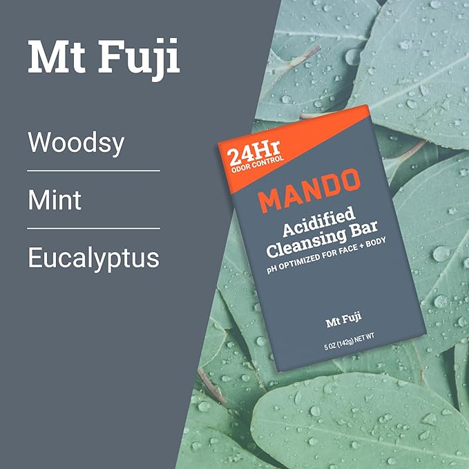 Mando 4-in-1 Acidified Cleansing Bar - 24-Hour Odor Control - Moisturizing Formula - Formulated without SLS and Parabens - Safe For Sensitive Skin - 5 ounces (Pack of 2) - Pro Sport & Mt Fuji