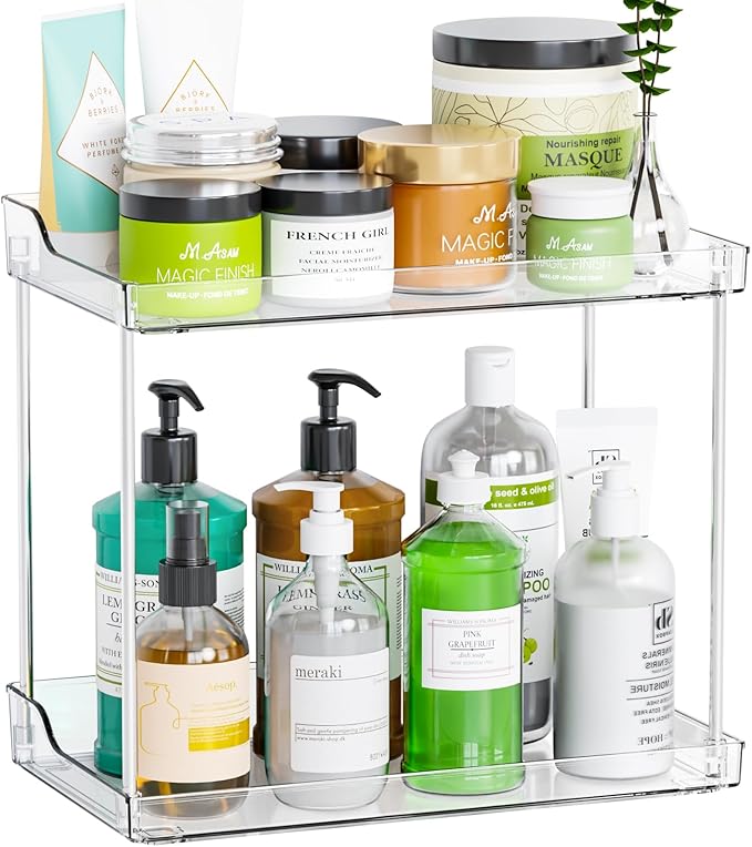 Yieach Clear Acrylic Bathroom Counter Organizers and Storage Tray, 2 Tier Makeup,Perfume,Skincare Organizer Shelf & Vanity Storage for Bedroom and Counter Top Spice Racks for Kitchen Corner,Rectangle