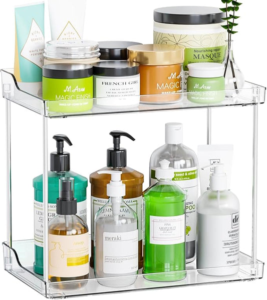 Yieach Clear Acrylic Bathroom Counter Organizers and Storage Tray, 2 Tier Makeup,Perfume,Skincare Organizer Shelf & Vanity Storage for Bedroom and Counter Top Spice Racks for Kitchen Corner,Rectangle
