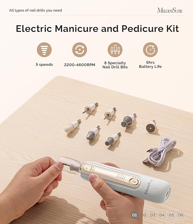 MelodySusie Cordless Pedicure & Manicure Nail Drill Kit, PC760G for Salon-Quality Foot Care for Home & Travel, Rechargeable with 5 Speeds, 8-in-1 Bits, 360° LED Light & Anti-Dust Shield, White