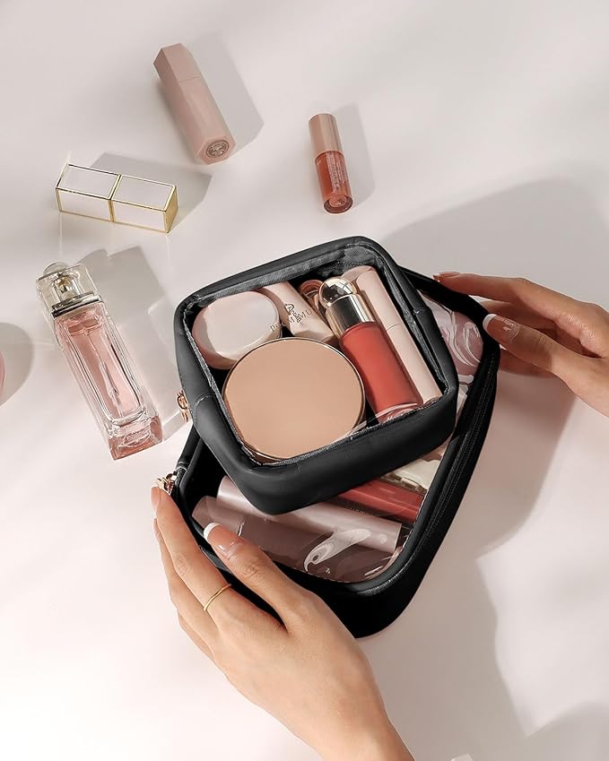 Pomimut Clear Makeup Bag,Mini Makeup Pouch Organizer Fit Carry-on Travel Essentials,TSA Approved Toiletry Bag Clear Cosmetic Bags for Women Men,Black