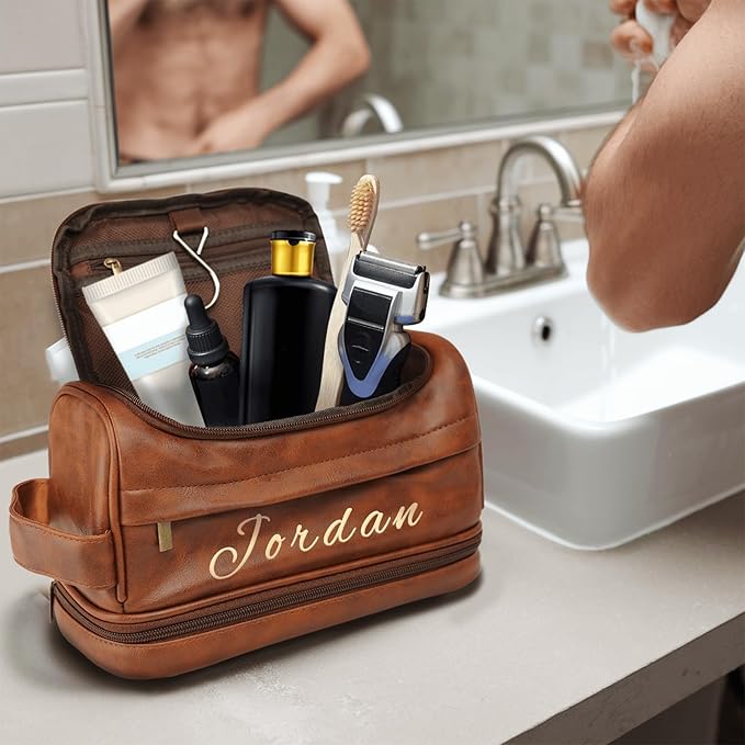 Personalized Toiletry Bag for Men - Custom Engraved Leather Travel Kit Accessories, Waterproof Shaving Kit Gift for Dad, Husband, Groomsmen, Boyfriend (Christmas, Birthday, Father’s Day, Anniversary)