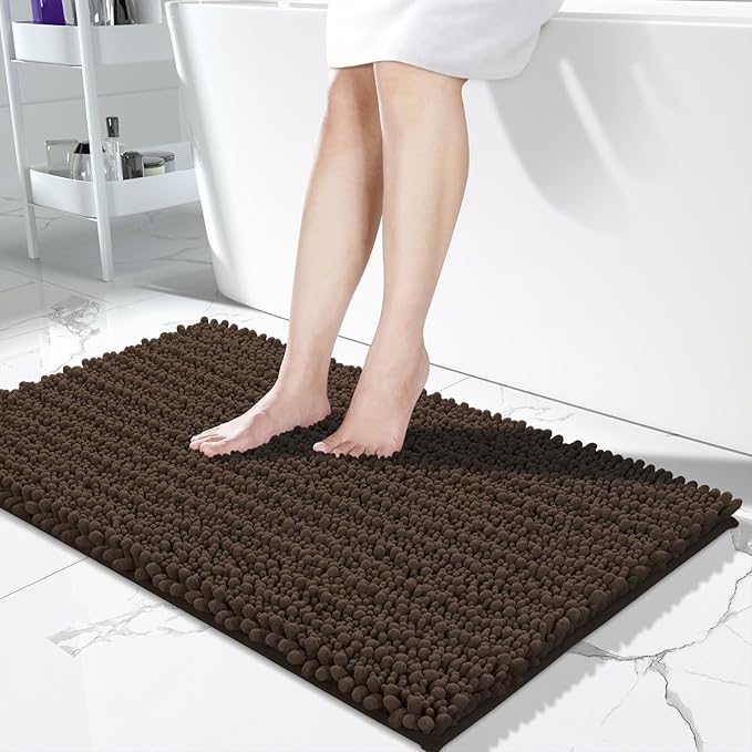Yimobra Long Bathroom Rugs Non Slip Washable 44x24 Inch - Ultra Soft Absorbent Chenille Bath Mat, Quick Dry Shaggy Floor Carpet for Tub Shower, Brown Home Decor Accessories