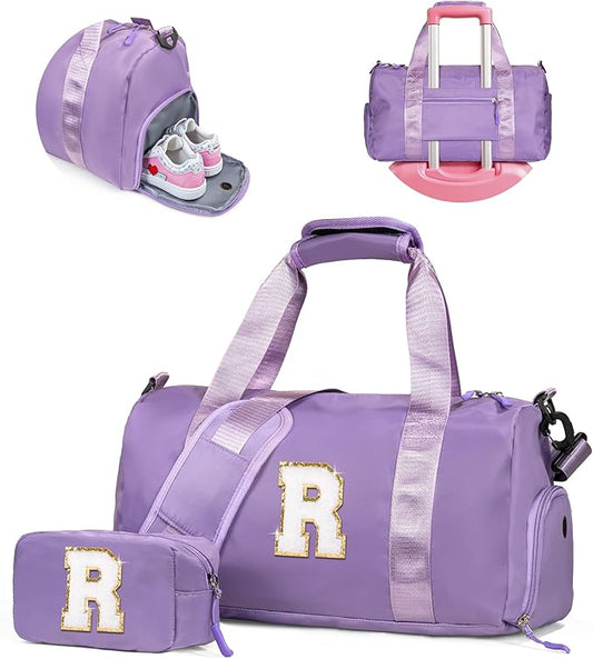 4 Year Old Girl Birthday Gifts-Girl Gym Bag with Shoe Compartment, Kid Personalized Weekender Overnight Bags, Initial Travel Tote with Makeup Pouch, Valentines Day Gift for Girls (Letter R)