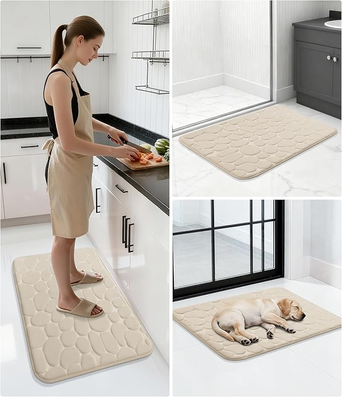 YIHOUSE Memory Foam Runner Rug, Cobblestone Bathroom Runner Rugs Super Water Absorbent Bath Mats for Bathroom Machine Washable Bath Rugs for Hallway Bedroom Laundry Room(24 x47,Khaki)