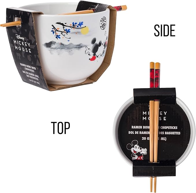 Silver Buffalo Disney Mickey and Minnie Watercolor Watching the Sunset Ceramic Ramen Noodle Rice Bowl with Chopsticks, Microwave Safe, 20 Ounces