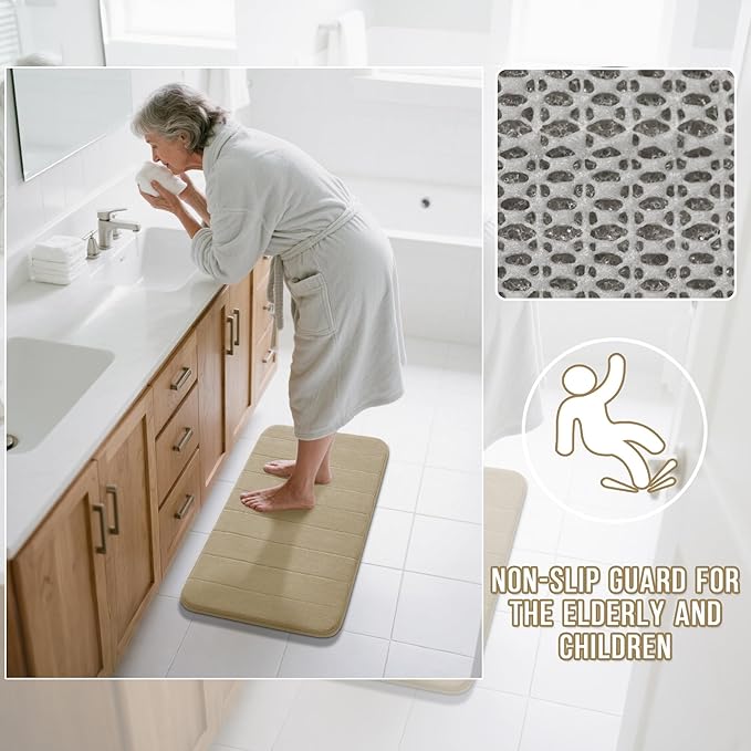 Yimobra Memory Foam Bath Mat, Super Soft Absorbent Bathroom Rug Non Slip, Quick Dry, Machine Washable Floor Carpet for Tub Shower, Home Decor Accessories, 24x17, Pale Khaki