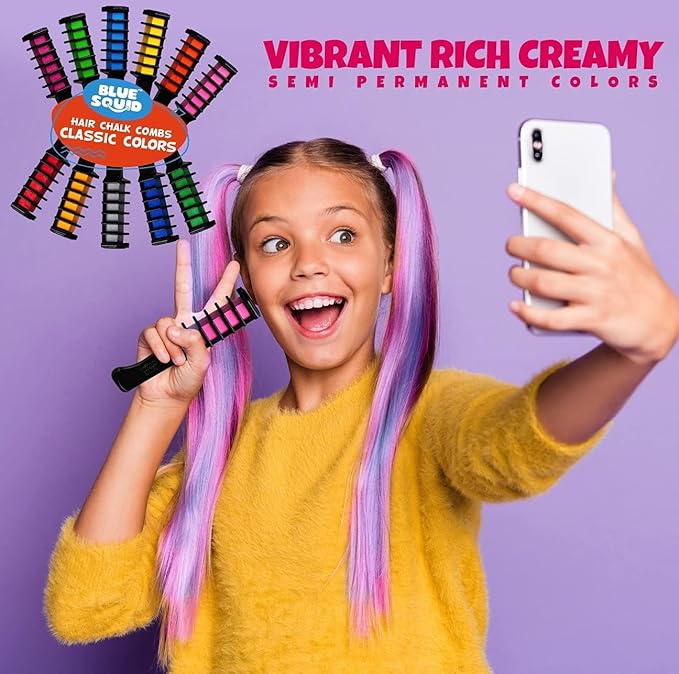 Blue Squid Hair Chalk Comb - 10 Vibrant Temporary Hair Colors for Girls & Teens, Washable Hair Dye, Perfect for Parties, Cosplay, Halloween, Paraben Free, Suitable for All Hair Colors