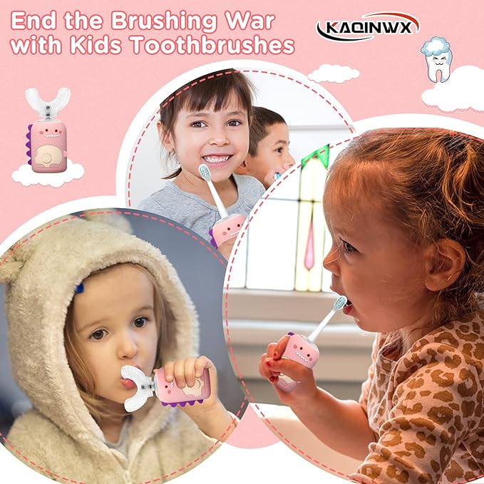 Kids U Shaped Electric Toothbrush for Age 2-12, Rechargeable Toddler Toothbrush with Smart Timer & 3 Clean Modes, Dinosaur Design, IPX7 Waterproof, 3 Brush Heads & 360°Cleaning