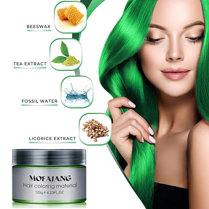 Green Temporary Hair Color Wax - SOVONCARE Washable Hair Dye for Men & Women, All-Day Hold Disposable Hair Styling Clays for Party, Cosplay & Daily 4.23 oz