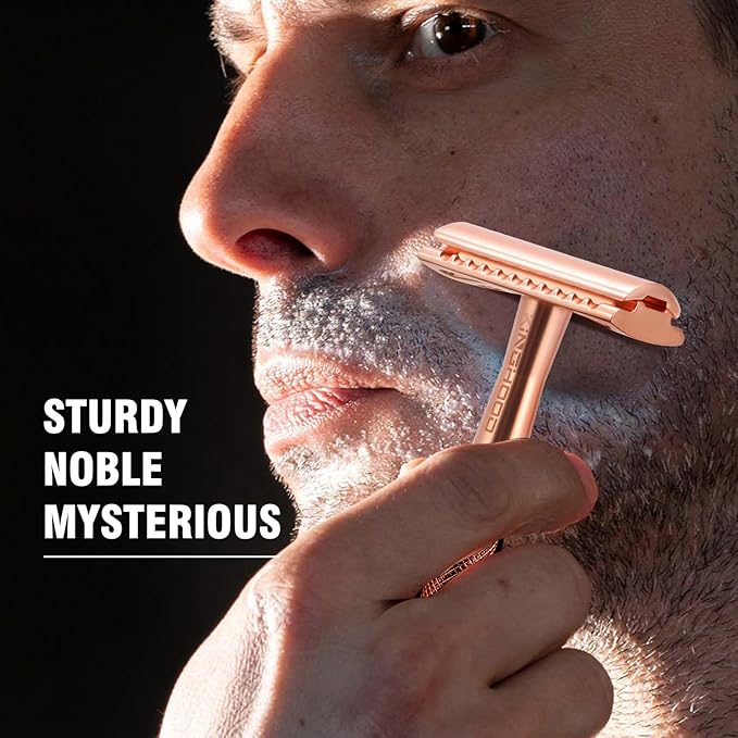 KINGHOOD Safety Razor Single Blade for Men with 10 Double Edge Blades Metal Reusable Eco Friendly Razors Rose Gold