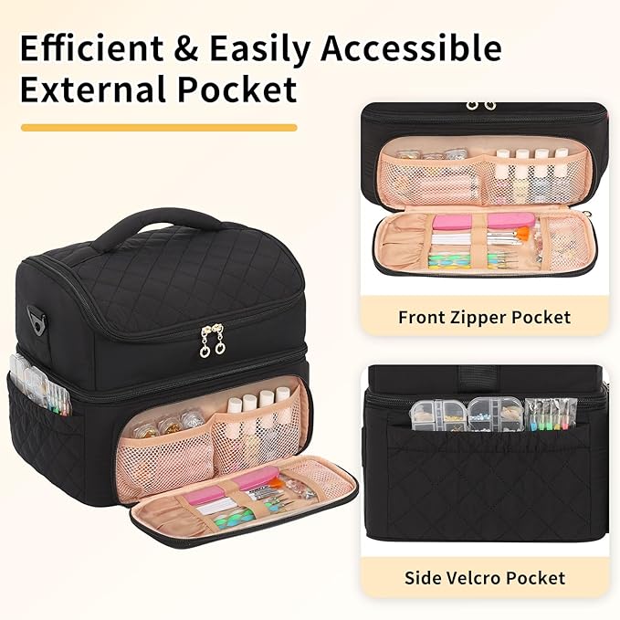 Nail Polish Organizer, Nail Organizers And Storage Bag Holds 48 Bottles & Full Size Nail Lamp, Double Layer Nail Tech Travel Case for Nail Supplies & Manicure Kit & Pedicure Tools (Black, 48 Slots)