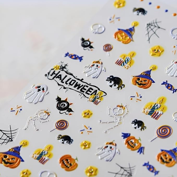 Halloween Nail Stickers for Nail Art Cute Ghost Design 5D Embossed Nail Decals Pumpkin Skull Spider Web Nail Art Stickers Halloween Nail Supplies DIY Manicure for Women Girls