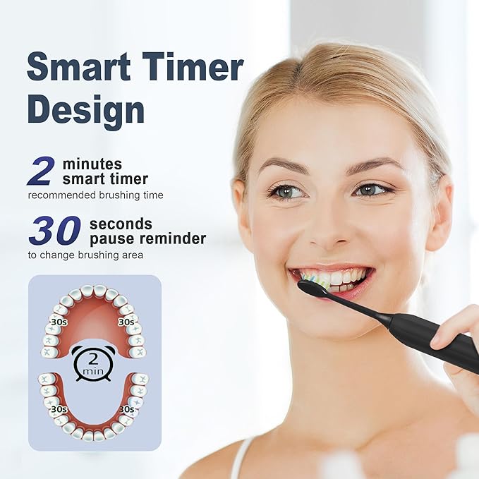 7AM2M Sonic Electric Toothbrush for Adults and Kids, with 8 Brush Heads and Travel Case,5 Modes with 2 Minutes Built in Smart Timer, One Charge Use for 90 Days, Rechargeable Toothbrushes(Black)