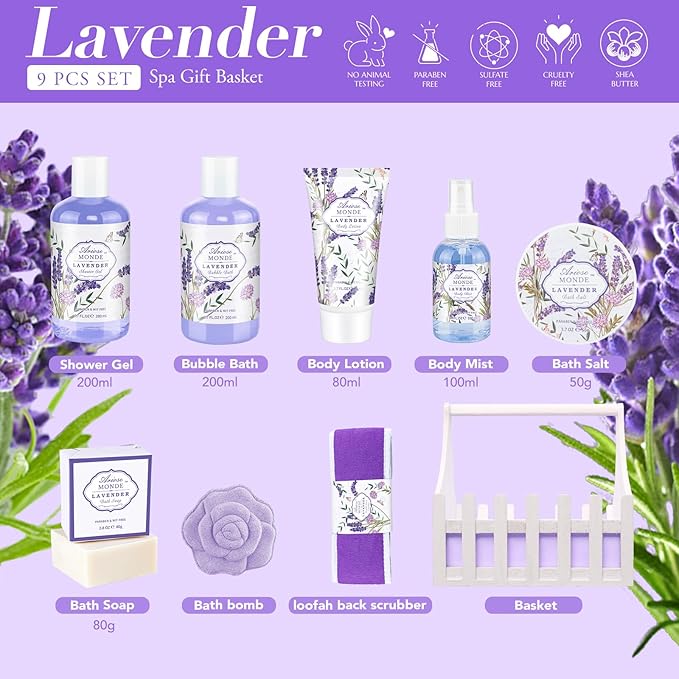 Gift Baskets for Women, Lavender Gift Sets for Women Self Care Spa Gift Basket Includes Body Lotion, Shower Gel, Bubble Bath, Relaxing Gifts For Her, Mom, Sister, Birthday & Christmas Gifts