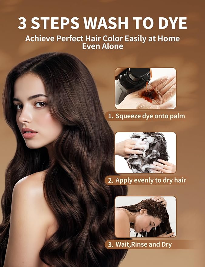 Dark Brown Hair Dye Shampoo, 3-in-1 Hair Color, Permanent, Unisex, 100% Gray Coverage, Seamless Root Blend, Last More than 60 Days, 5 Plant Extracts, Frizz-Free, with Dye Tools, 500ml