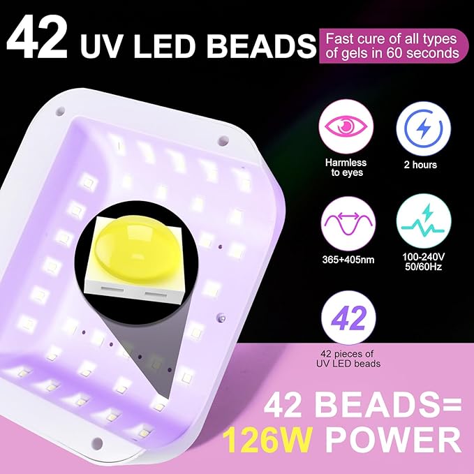 Led Nail Lamp, 126W Gel Nail Light Rechargeable Professional Lamp 42Pcs Beads Automatic Sensor for Manicure at Home and in Salons(Pink Diamond)