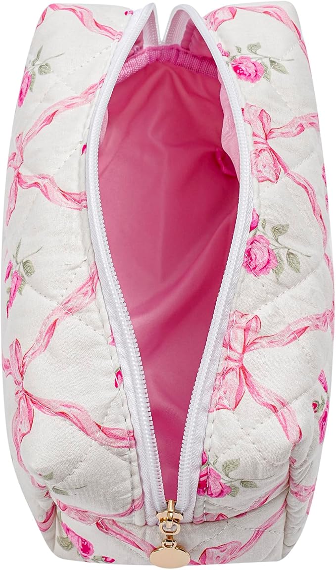 Travel Makeup Bag, Cosmetic Bag for Women Girls, Floral Flowers Toiletry Organizer, Portable Storage Bag, Pink Bowknot/Gold Zipper