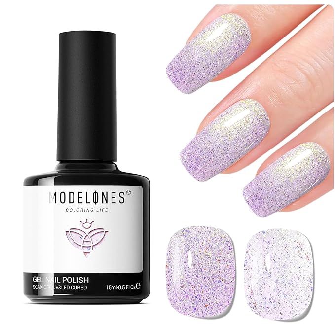 modelones Glitter Gel Nail Polish, 1 PCS 15ML Glitter Sparkly Shiny Holographic Gel Polish Soak OFF LED Nail Art Rainbow Reef Purple Shimmer Gel Nail Manicure Salon DIY Nails Gift for Women