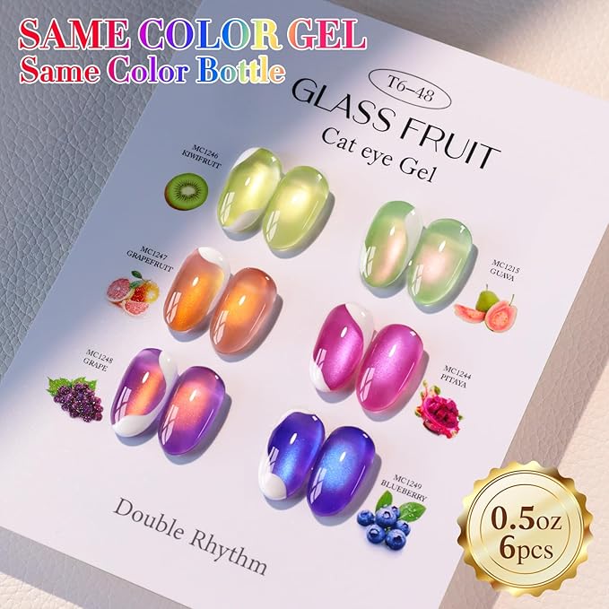 Double Rhythm Fruit Cat Eye Gel Nail Polish Set of 6 Same Color Same Bottle 0.5 Oz Shimmer Glitter with Magnet Holographic Reflective Magnetic UV Polish Kit at Home (Glass Rose Pink Green-T6-48)