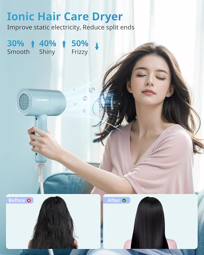 SHRATE Lightweight Ionic Hair Dryer with Diffuser - Powerful 1800W Blow Dryer for Fast Drying - Professional Low Noise Mini Hair Dryer for Travel, Gifts, Hair Styling