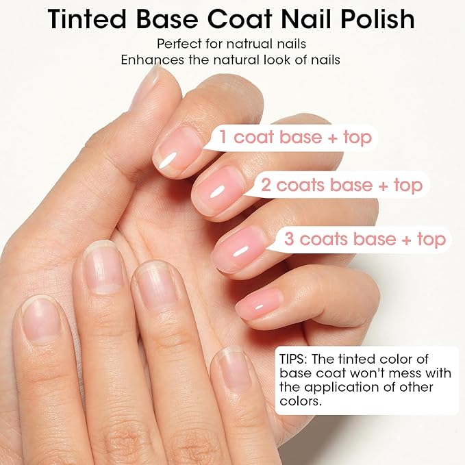 GELLEN 4‑in‑1 Clear Nail Polish Base Coat Sheer Tinted Natural Pink, Ridge Filler, Nail Strengthener & Concealer, Calcium Formula Strengthens Nails, Enhances Natural Look, No HEMA, Anti-yellowing