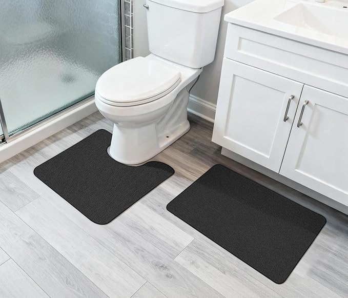 Bathroom Rugs Set 2 Pieces,Thin Bathroom Mats,Toilet Rugs,Quick Dry,Non-Slip,Machine Washable,Low Pile,Absorbent Bath Mats,Shower,Sink,Home Decor Accessories.Black,1'5"x2'3"+1'8"x2" U Shape