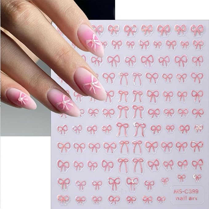 12 Sheets Self-Adhesive Bow Nail Stickers - 3D Decals for Nail Art - Black, White, Pink - DIY Manicure Decorations for Women & Girls