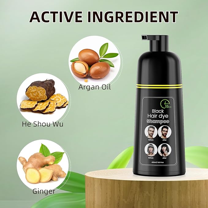 Black Hair Dye Shampoo, Semi-Permanent Hair Color Shampoo for Women and Men, Herbal Ingredients and No Ammonia, 3 in 1-100% Grey Coverage 400ml/ 13.5 fl.oz