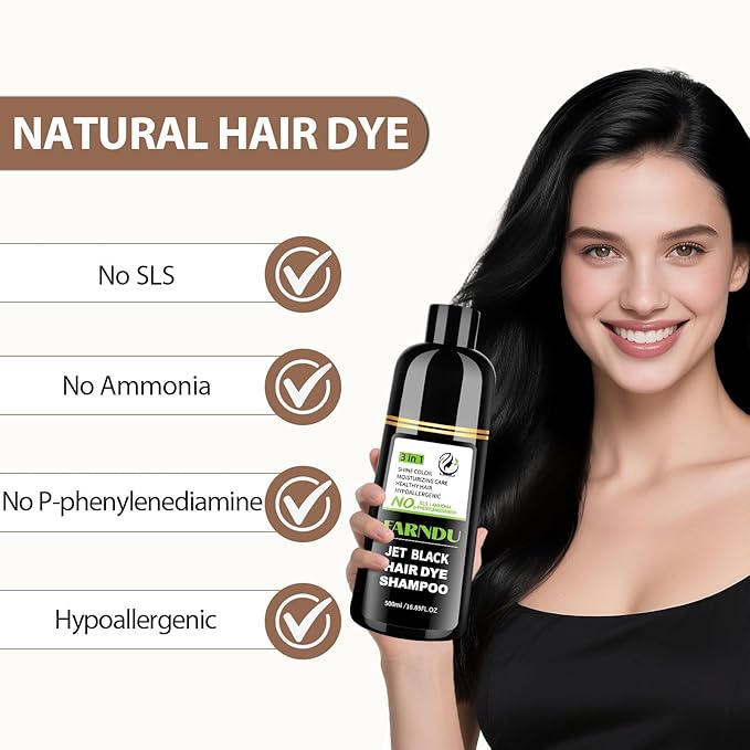 Jet Black Hair Dye Shampoo Ammonia-free & PPD-free, Gray Hair Coverage Natural Herbal 3 in 1 Hair Color Shampoo for Women Men