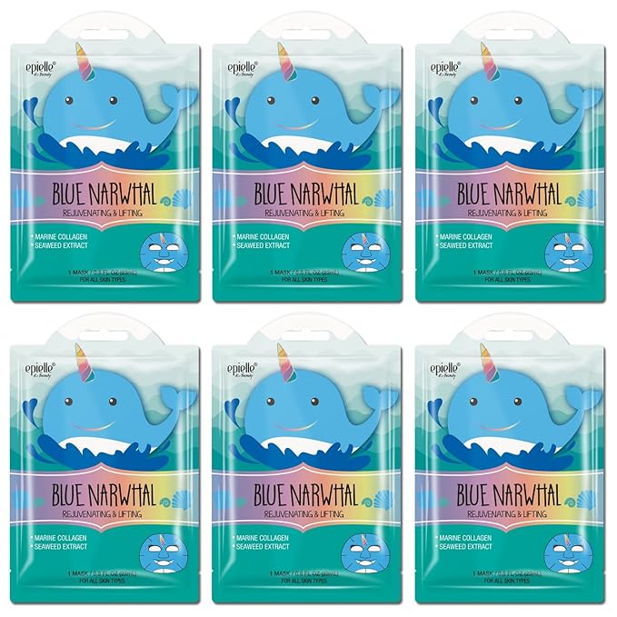 Epielle Character Face Mask Blue Narwhal 6 Pack, Fun & Effective Korean Skin Care, Spa Party Favors, Stocking Stuffers, Birthday Gifts for Women, Thanksgiving Essentials