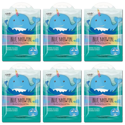 Epielle Character Face Mask Blue Narwhal 6 Pack, Fun & Effective Korean Skin Care, Spa Party Favors, Stocking Stuffers, Birthday Gifts for Women, Thanksgiving Essentials