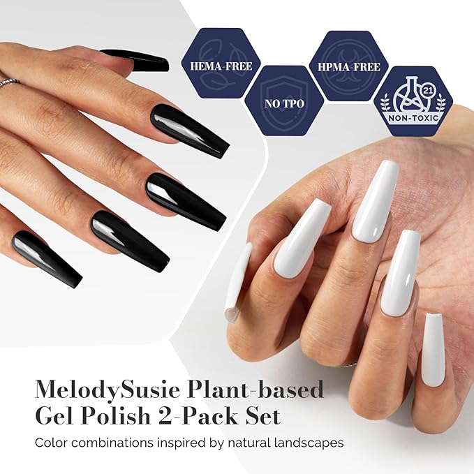 MelodySusie Fleurwee Plant Based Gel Nail Polish, 2 Pcs Hema Free Gel Polish, Black and White Nail Polish 21 Non Toxic Long Lasting Nail Art Salon DIY Manicure at Home Gift for Women
