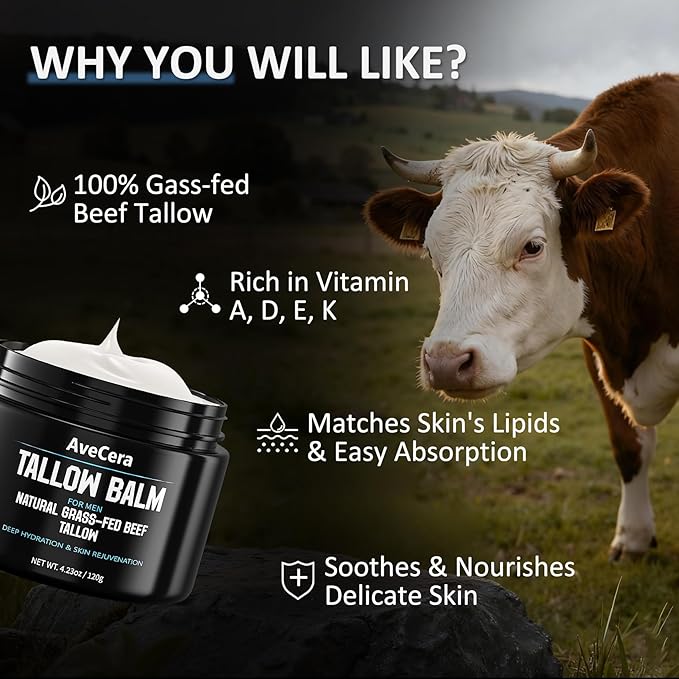 Beef Tallow Balm for Men, Grass-Fed Beef Tallow Face Moisturizer Cream - Anti-Aging Hydrating Nourishes Smooths Wrinkles for All Skin Types Mens Skin Care - Unscented 4.23 oz