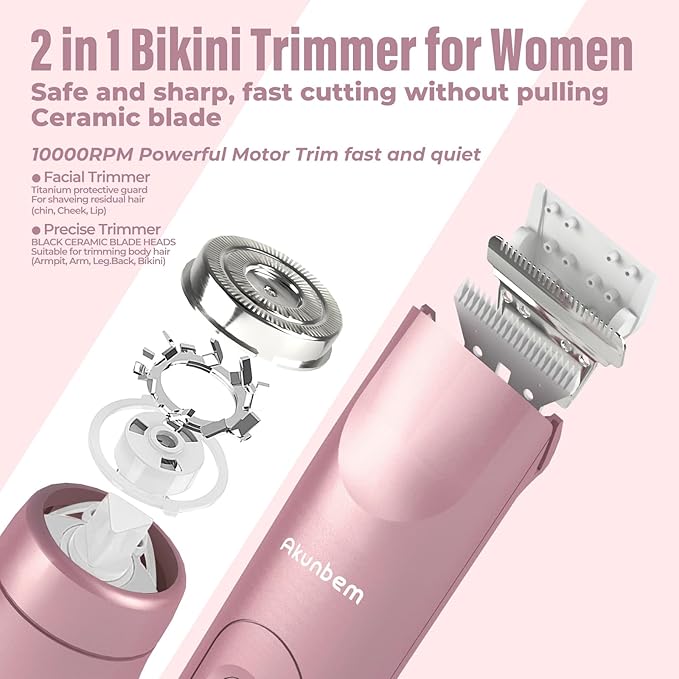 Bikini Trimmer for Women - 2 in 1 Electric Razors for Women - Dual Head Electric Shaver - IPX7 Waterproof Wet & Dry Use Body Hair Trimmer and Facial Hair Remover for Bikini Underarm Leg Arm