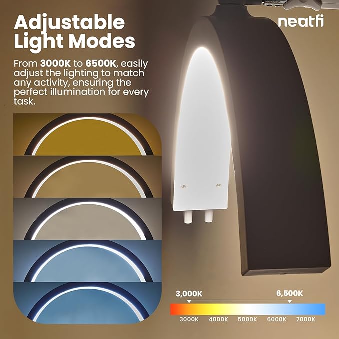 Neatfi Half Moon LED Table Lamp for Estheticians, Nail Tech, and Cosmetician for Manicure Art, Facial, Waxing, Threading and Tattoo, 2500 Lumens, 5 Light Modes (with Clamp, White)