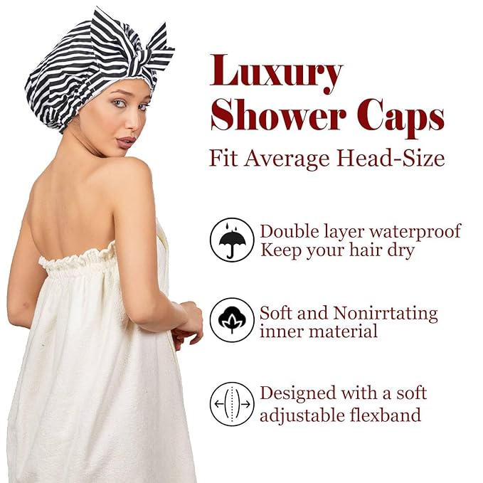 Shower Cap Luxury Shower Caps for Women Reusable Waterproof Hair Cap for Shower with Adjustable Bowknot Hair Bath Cap (Black Stripe)