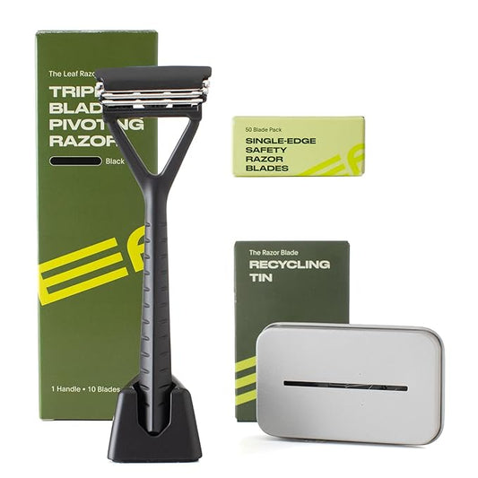 Leaf Shave | Leaf Razor Set, All-Metal Safety Razor with Pivoting Head & Adjustable Blade Loading, Includes Matching Stand, 50 Single-Edge Refills, and Recycling Bank for Used Blades - Black