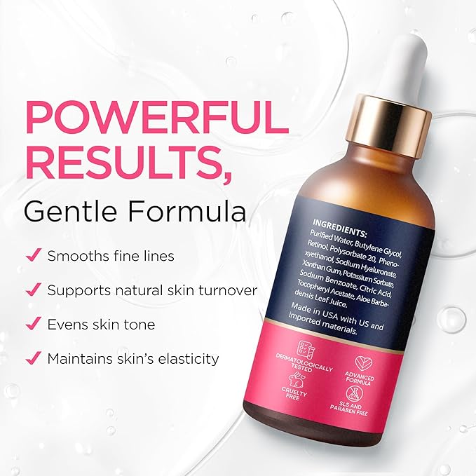 Retinol Serum for Face with Hyaluronic Acid, Vitamin E & Aloe Vera Anti-Aging Serum - All Skin Types - Supports Even Tone - Day and Night - Made in USA - 1 Oz