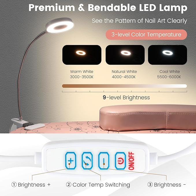 Giantex Nail Table for Nail Tech, Portable Manicure Table with Electric Dust Collector, USB-Plug LED Lamp, Wrist Rest, 4 Lockable Wheels, Foldable Nail Desk with Carry Bag (Pink)